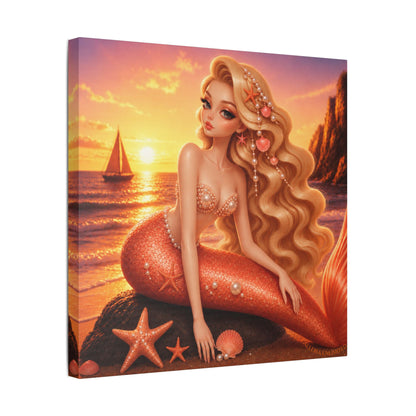 Sirens of the Gilded Sea | Golden Seaside, Satin Stretched Canvas Print