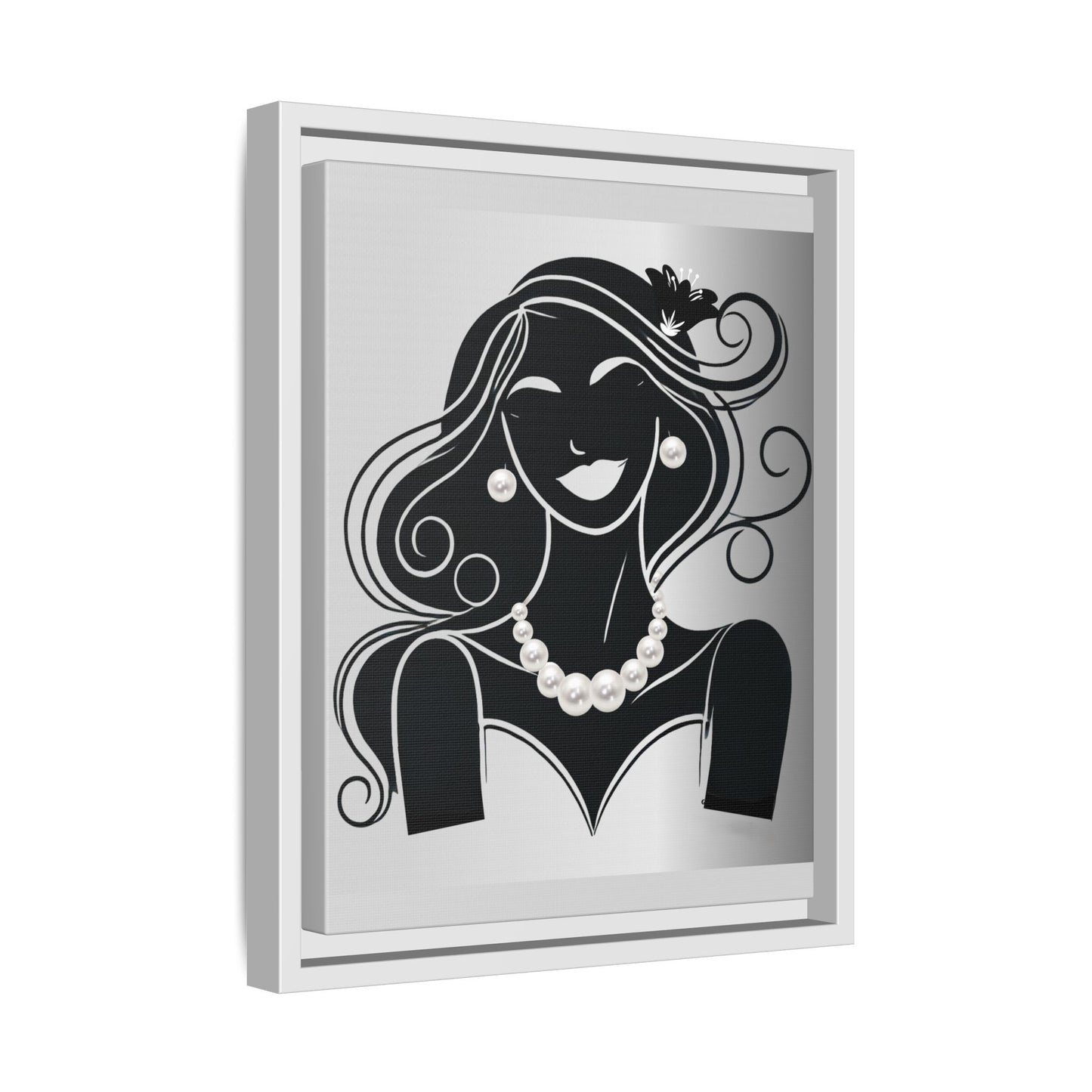 Pearls & Curls 1 | Black and White Framed Matte Canvas Wall Art