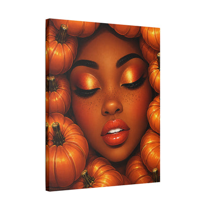A square canvas wall art print featuring a stylized portrait of a Black woman with closed eyes, surrounded by orange pumpkins. The artwork is shown at an angle against a plain white background.