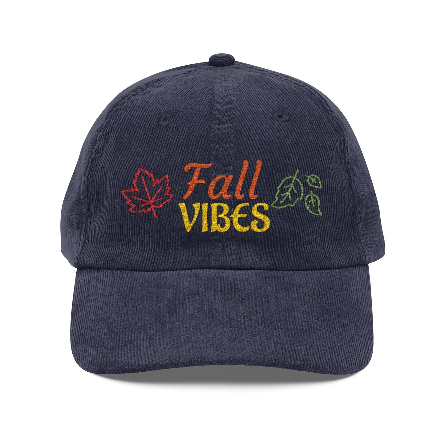 Harvest Haze | 'Fall Vibes' Embroidered Corduroy Cap - Autumn Leaf Baseball Hat