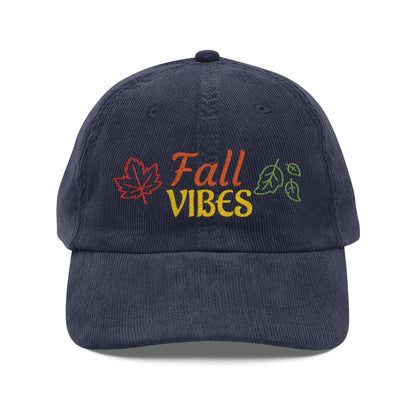 Harvest Haze | 'Fall Vibes' Embroidered Corduroy Cap - Autumn Leaf Baseball Hat
