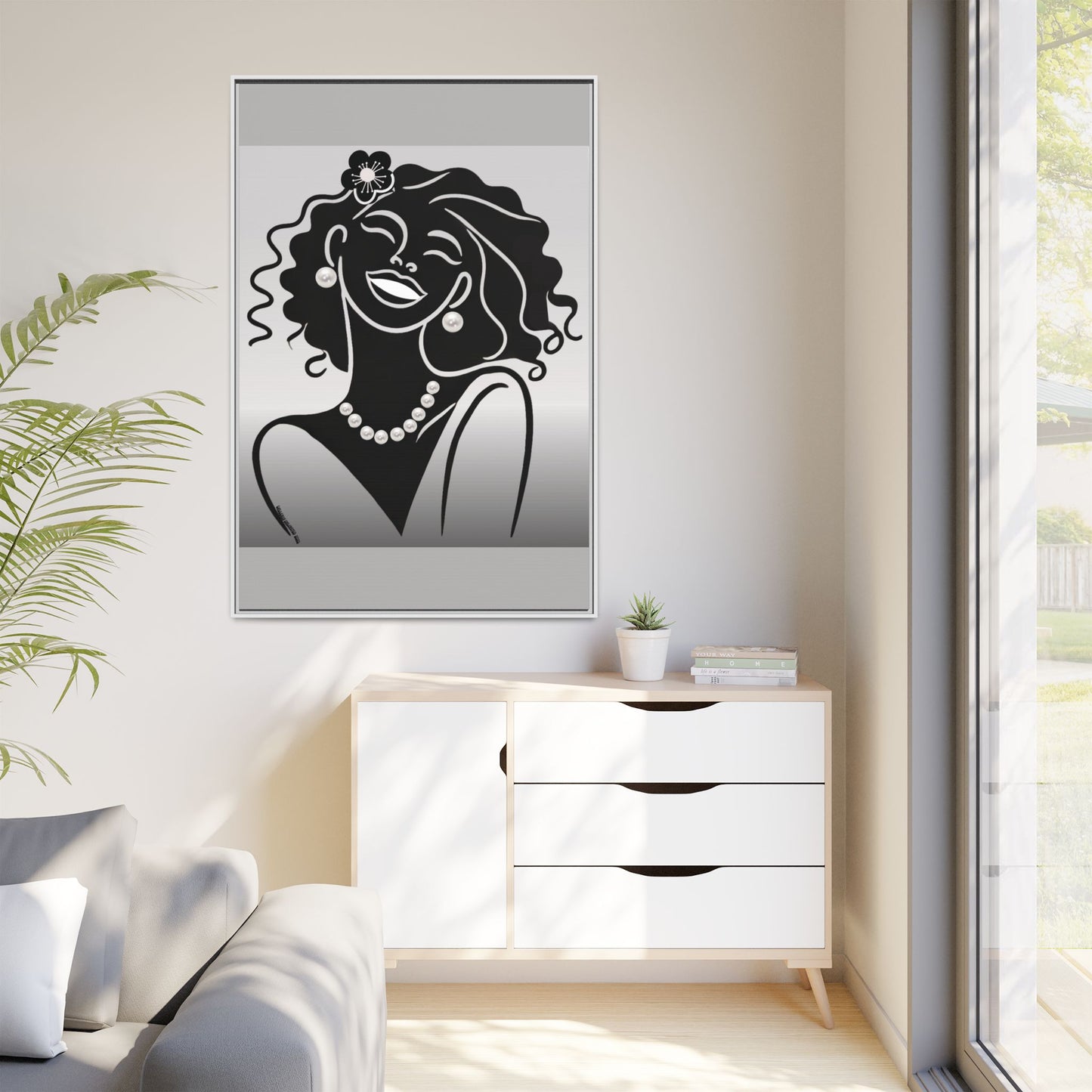 Pearls & Curls2 | Black and White - Framed Matte Canvas Art (black or white frame)