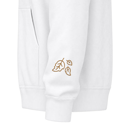 Harvest Haze 4 | 'Cozy Season' Gold Embroidered Zip Hoodie — Autumn Coffee & Leaves Full-Zip Sweatshirt