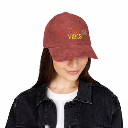 Harvest Haze | 'Fall Vibes' Embroidered Corduroy Cap - Autumn Leaf Baseball Hat