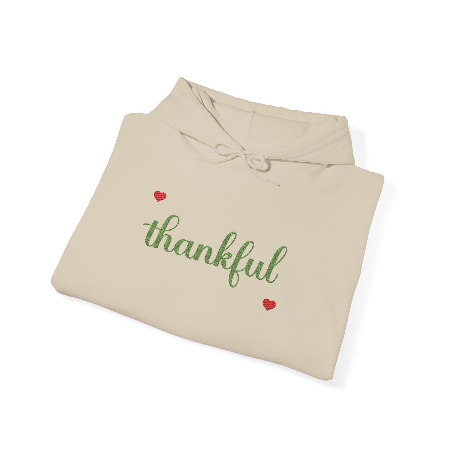The Thankful Edit1 |Light Green Embroidered Thankful Hoodie, red hearts (multiple colors)