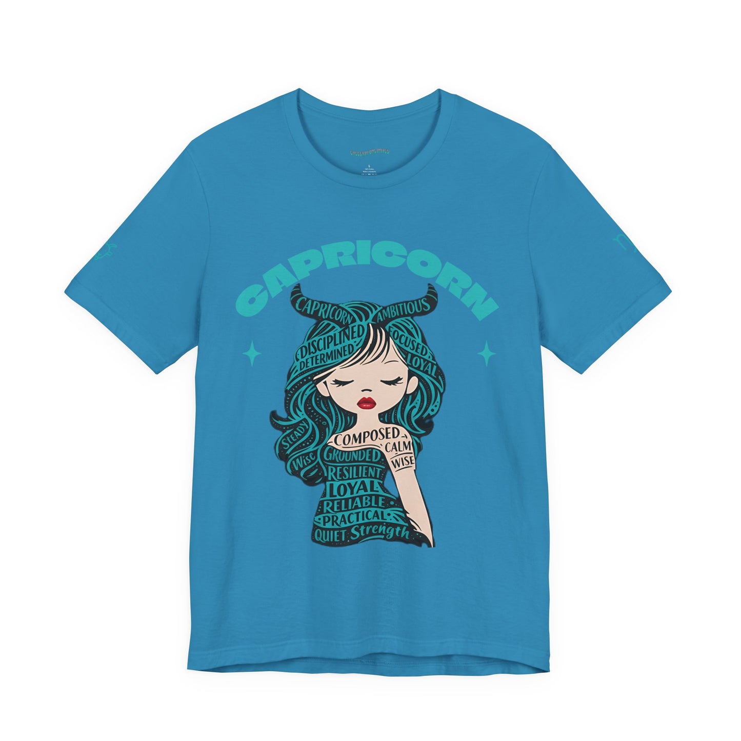 Capricorn | Word Art Graphic Tee2 (turquoise)--"Capricorn" Definition on Back