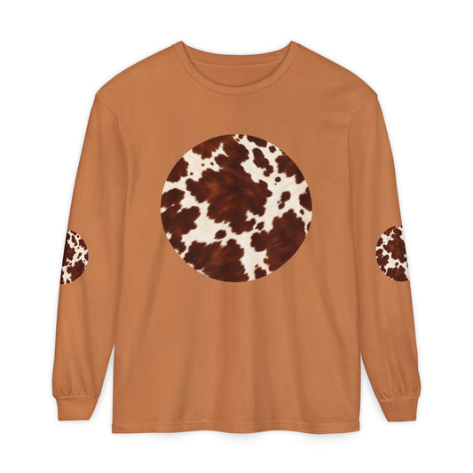 Cow| Brown & Cream Cowhide Circle Patch Long Sleeve Tee (Elbow Accents), multiple colors