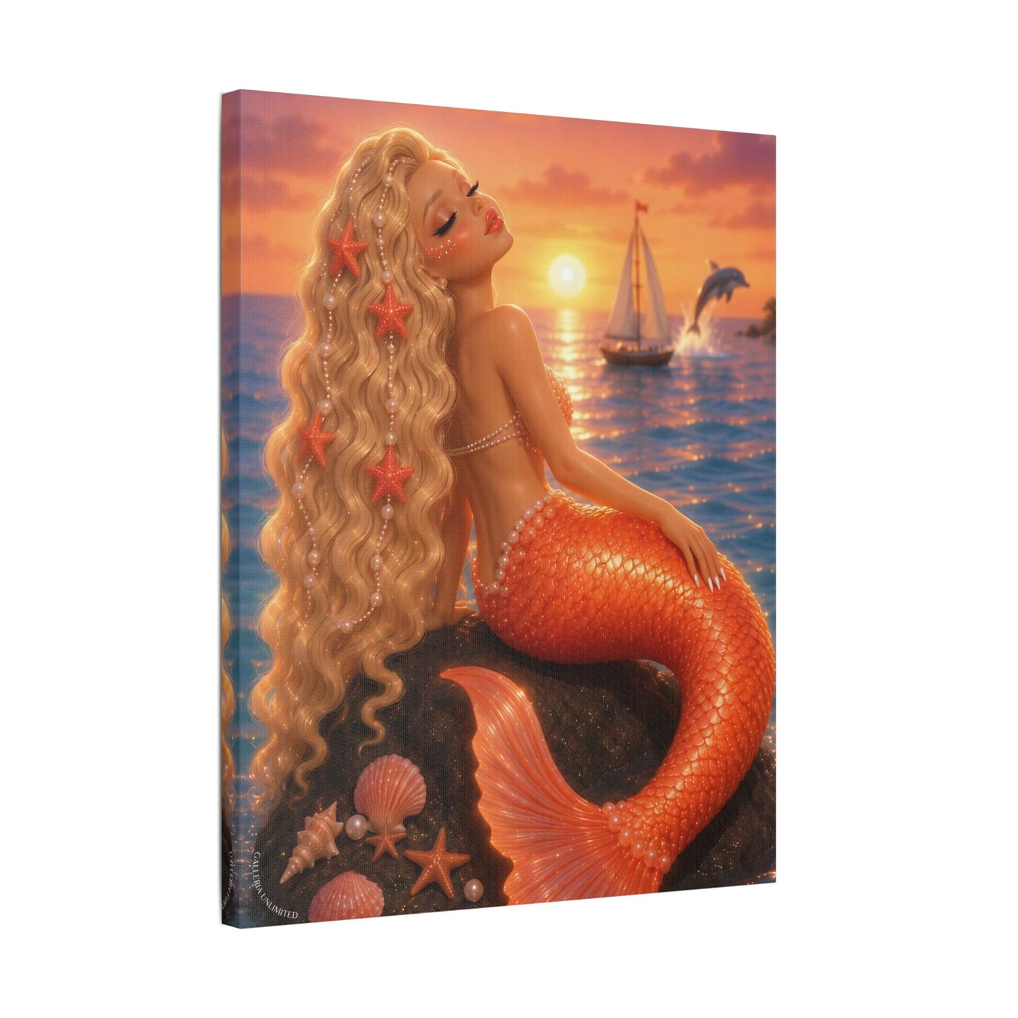 Sirens of the Gilded Sea | Amber Horizon, Satin Stretched Canvas Print