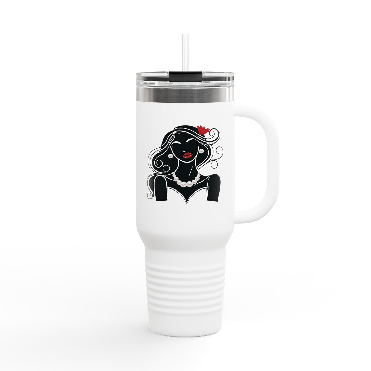 Pearls & Curls1 | Ruby Lips - Insulated Travel Mug, 40oz (black, white, or red)