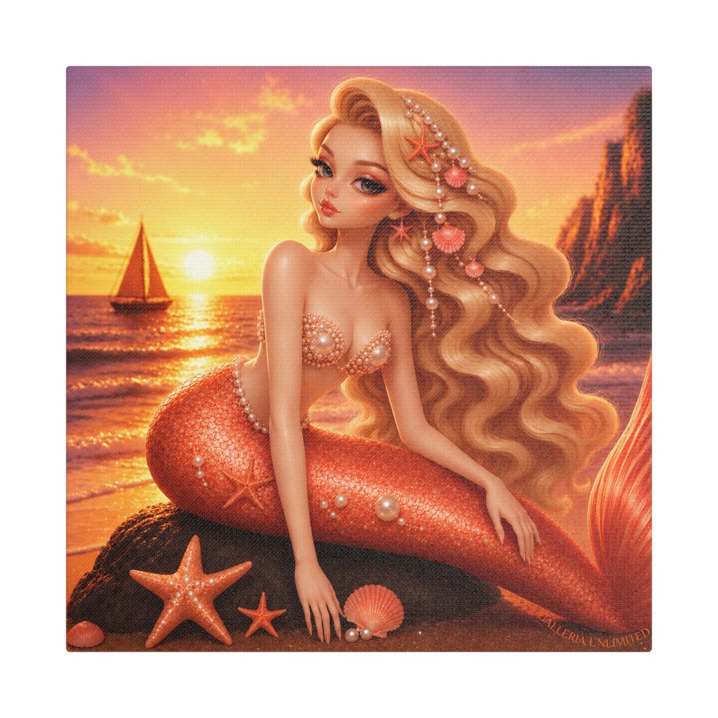 Sirens of the Gilded Sea | Golden Seaside, Satin Stretched Canvas Print