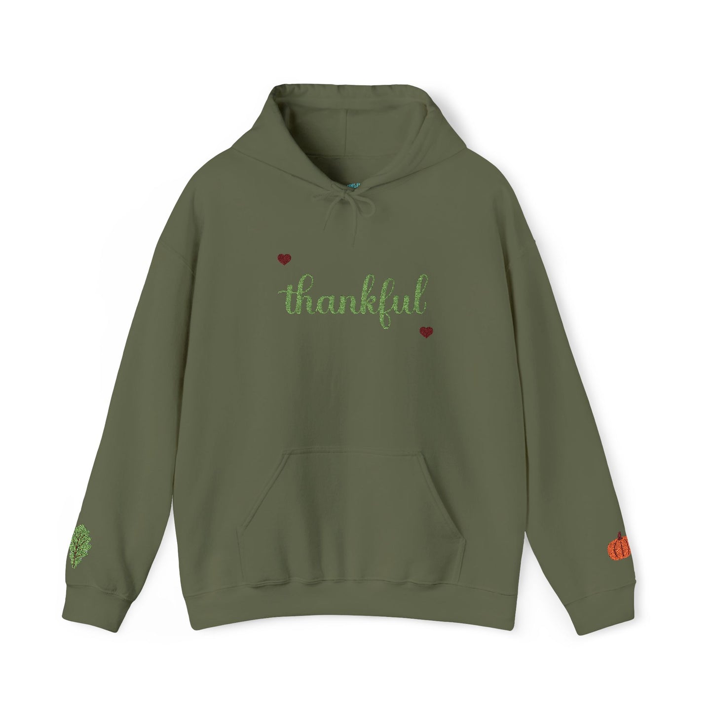 The Thankful Edit1 | Light Green Embroidered Thankful Hoodie, maroon hearts (multiple colors)