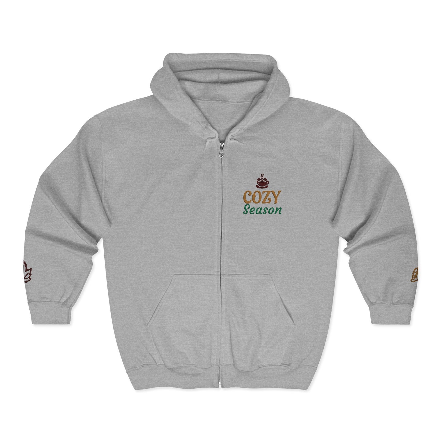 Harvest Haze | 'Cozy Season' Zip Hoodie — Autumn Coffee & Leaves Full-Zip Sweatshirt