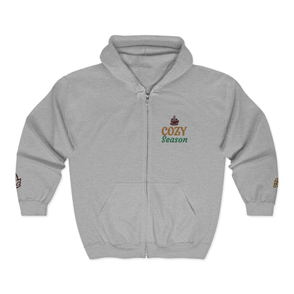 Harvest Haze | 'Cozy Season' Zip Hoodie — Autumn Coffee & Leaves Full-Zip Sweatshirt