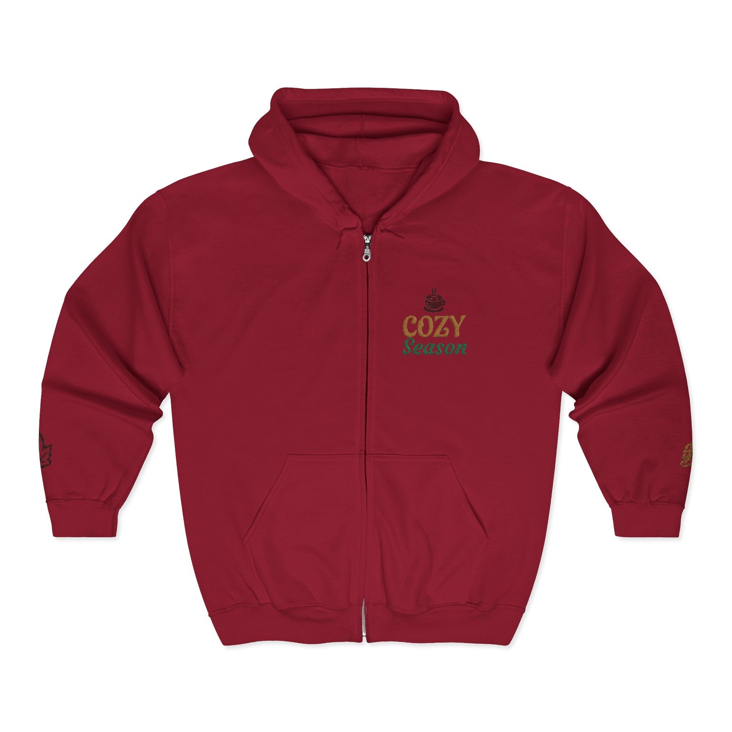 Harvest Haze | 'Cozy Season' Zip Hoodie — Autumn Coffee & Leaves Full-Zip Sweatshirt