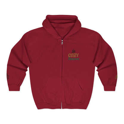 Harvest Haze | 'Cozy Season' Zip Hoodie — Autumn Coffee & Leaves Full-Zip Sweatshirt