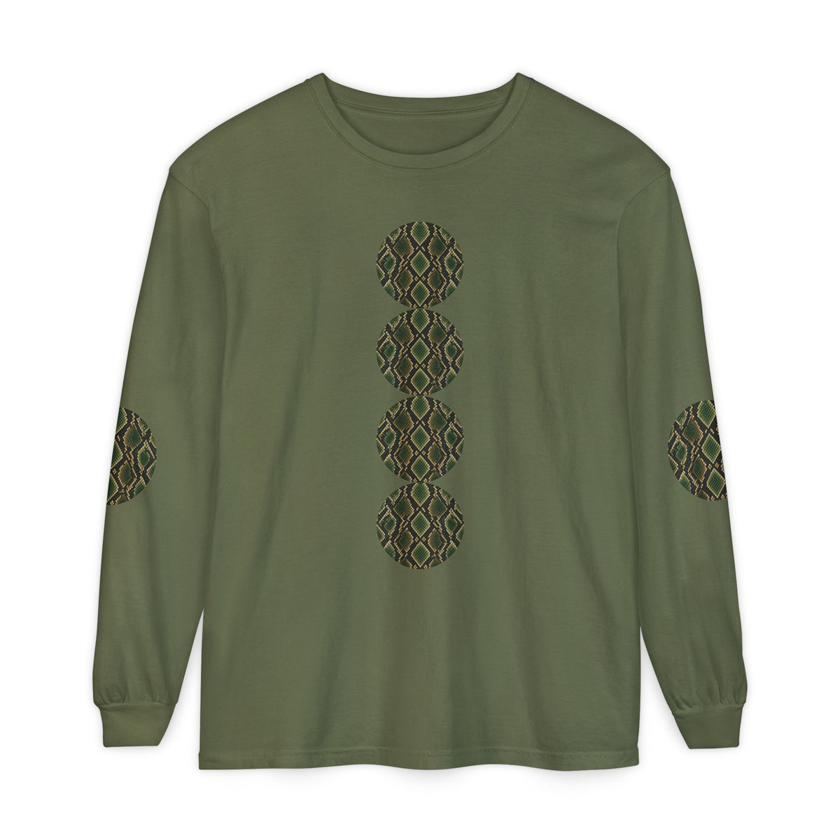 Snake | Olive Snakeskin Circle Patches Long Sleeve Tee (Elbow Accents), multiple shades