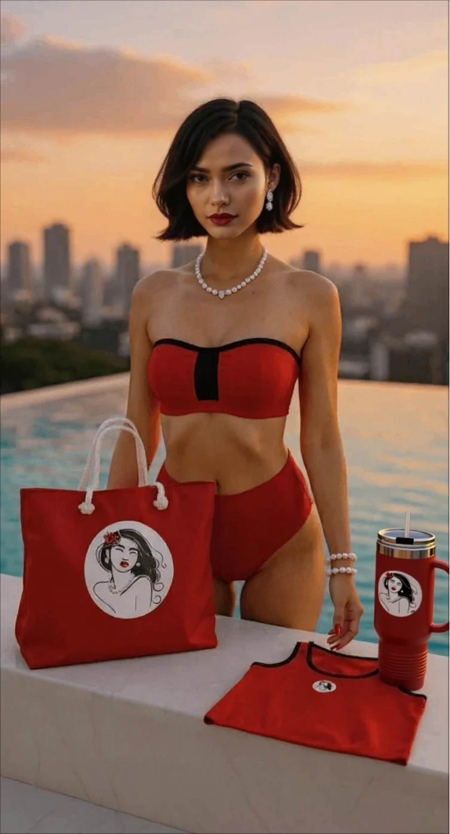Isla Moon in red bikini with matching Pearls & Curls accessories by a poolside at sunset.