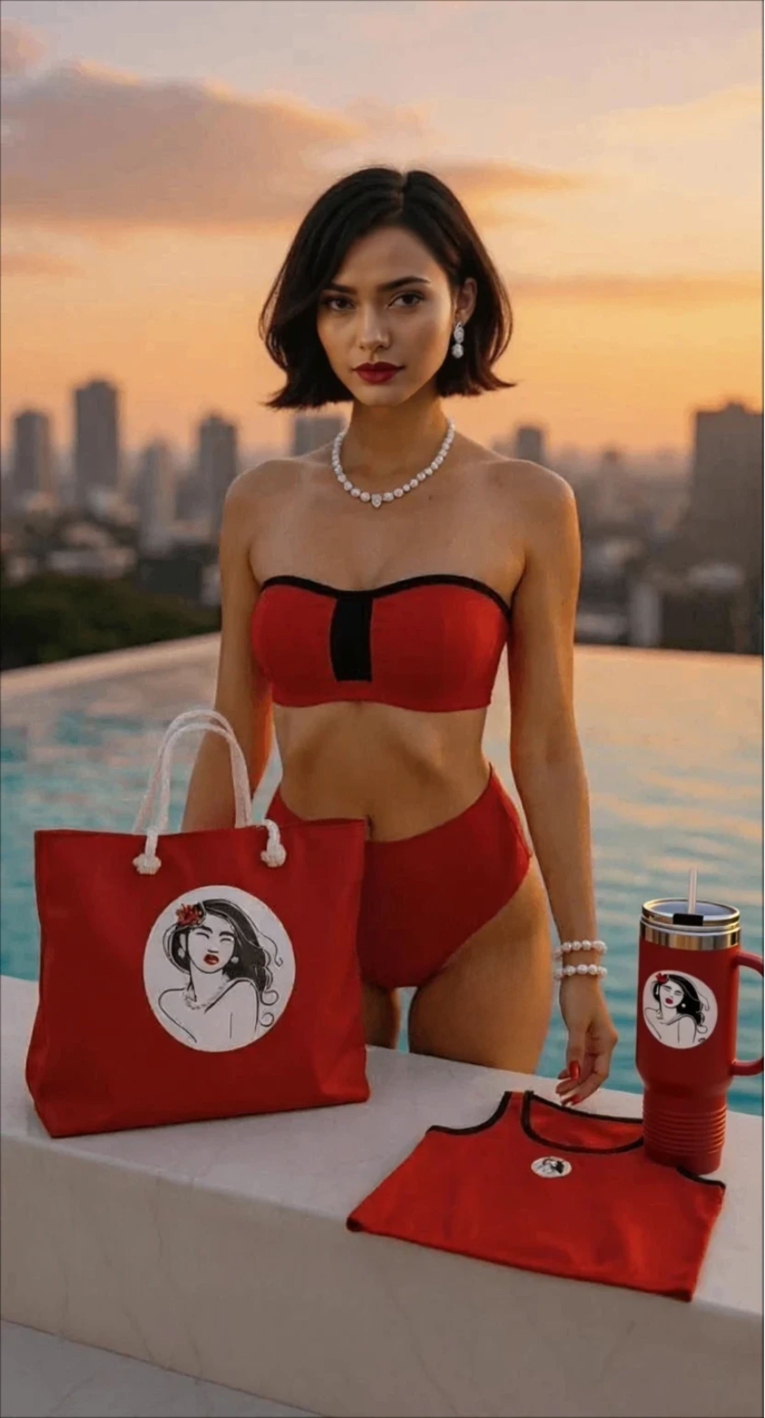 Isla Moon in red bikini with matching Pearls & Curls accessories by a poolside at sunset.