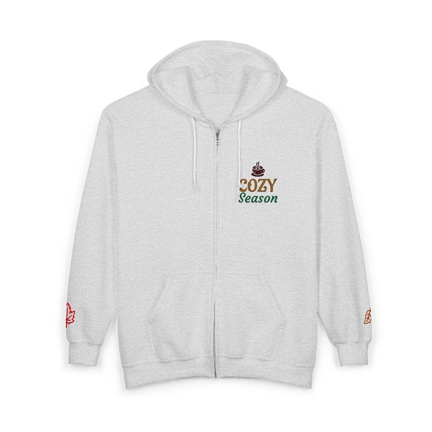Harvest Haze | 'Cozy Season' Zip Hoodie — Autumn Coffee & Leaves Full-Zip Sweatshirt