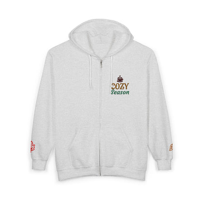 Harvest Haze | 'Cozy Season' Zip Hoodie — Autumn Coffee & Leaves Full-Zip Sweatshirt