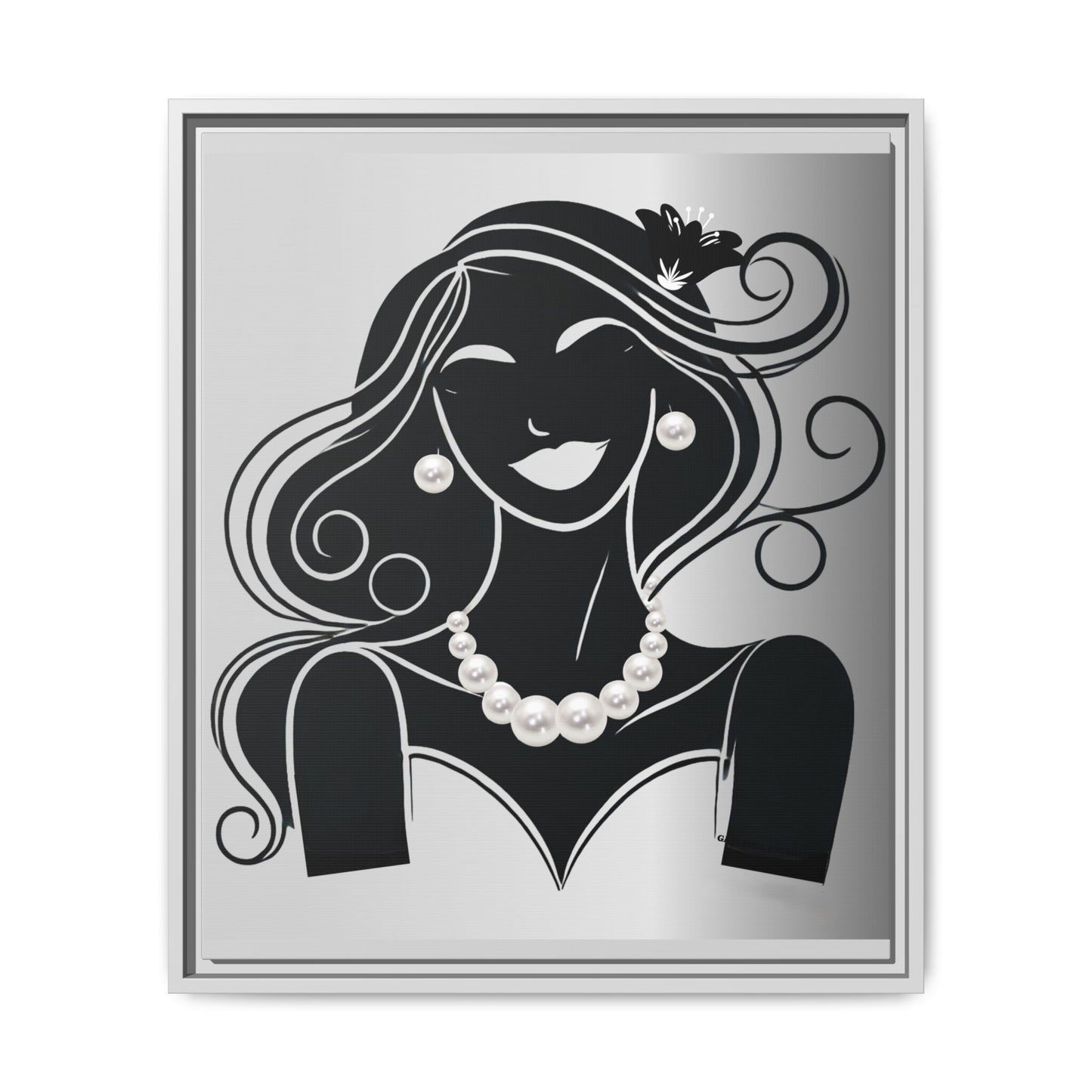 Pearls & Curls 1 | Black and White Framed Matte Canvas Wall Art