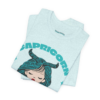 Capricorn | Word Art Graphic Tee2 (turquoise)--"Capricorn" Definition on Back