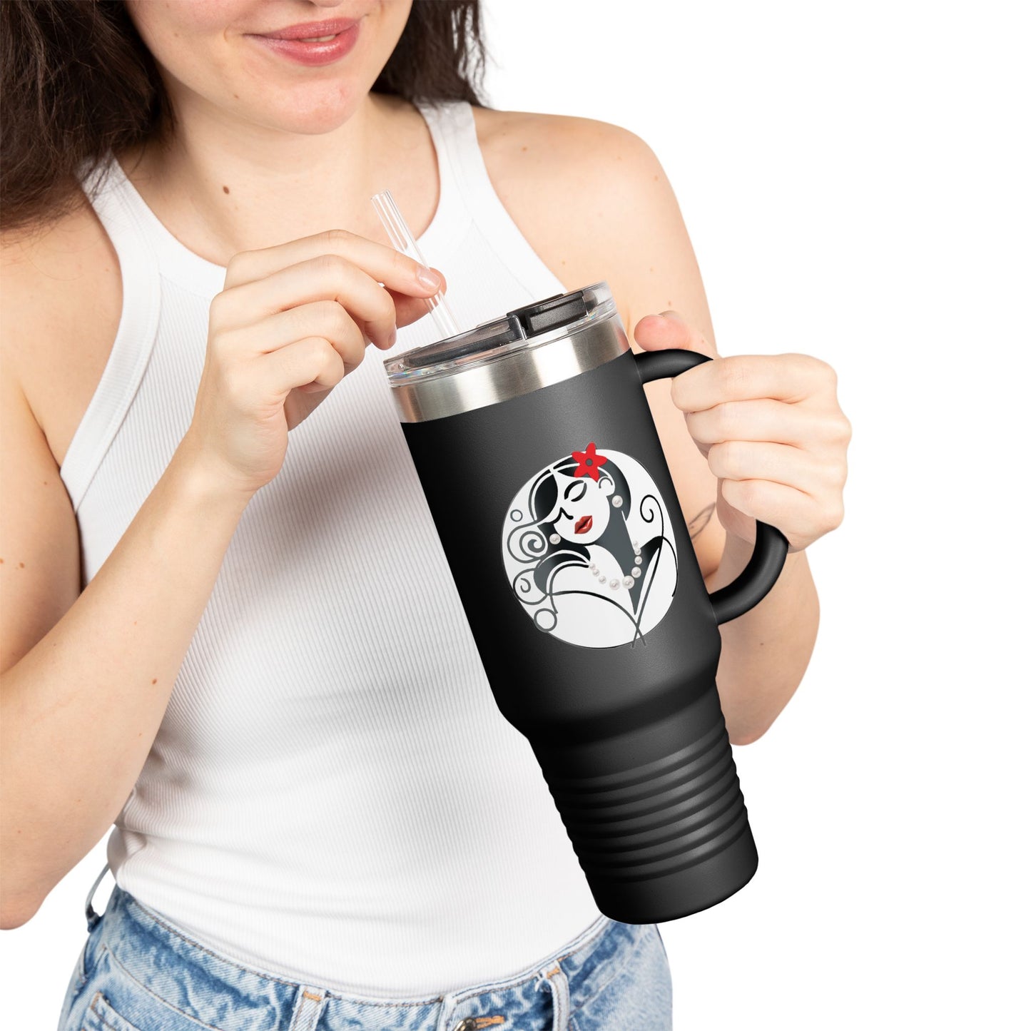 Pearls & Curls4 | Ruby Kiss - Insulated Travel Mug, 40oz (black, white, or red)