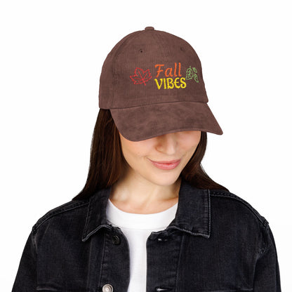 Harvest Haze | 'Fall Vibes' Embroidered Corduroy Cap - Autumn Leaf Baseball Hat