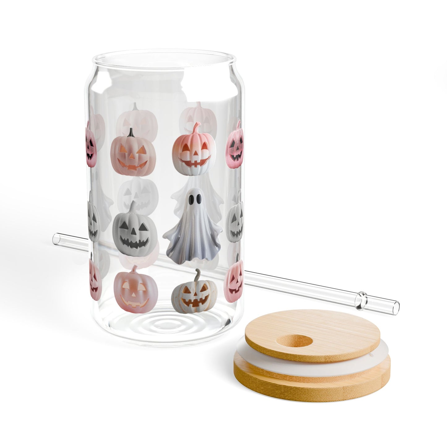 Harvest Haze 0 | Ghost & Jack-O'-Lantern Halloween Sipper Glass (16oz) — Spooky Cute Pastel Pumpkin Drink Tumbler with Straw