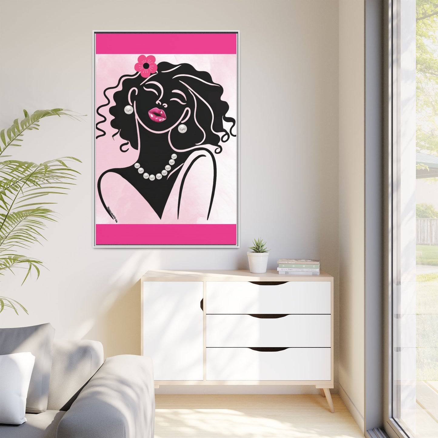 Pearls & Curls2 | Pink Pout - Framed Matte Canvas Art (black or white frame)