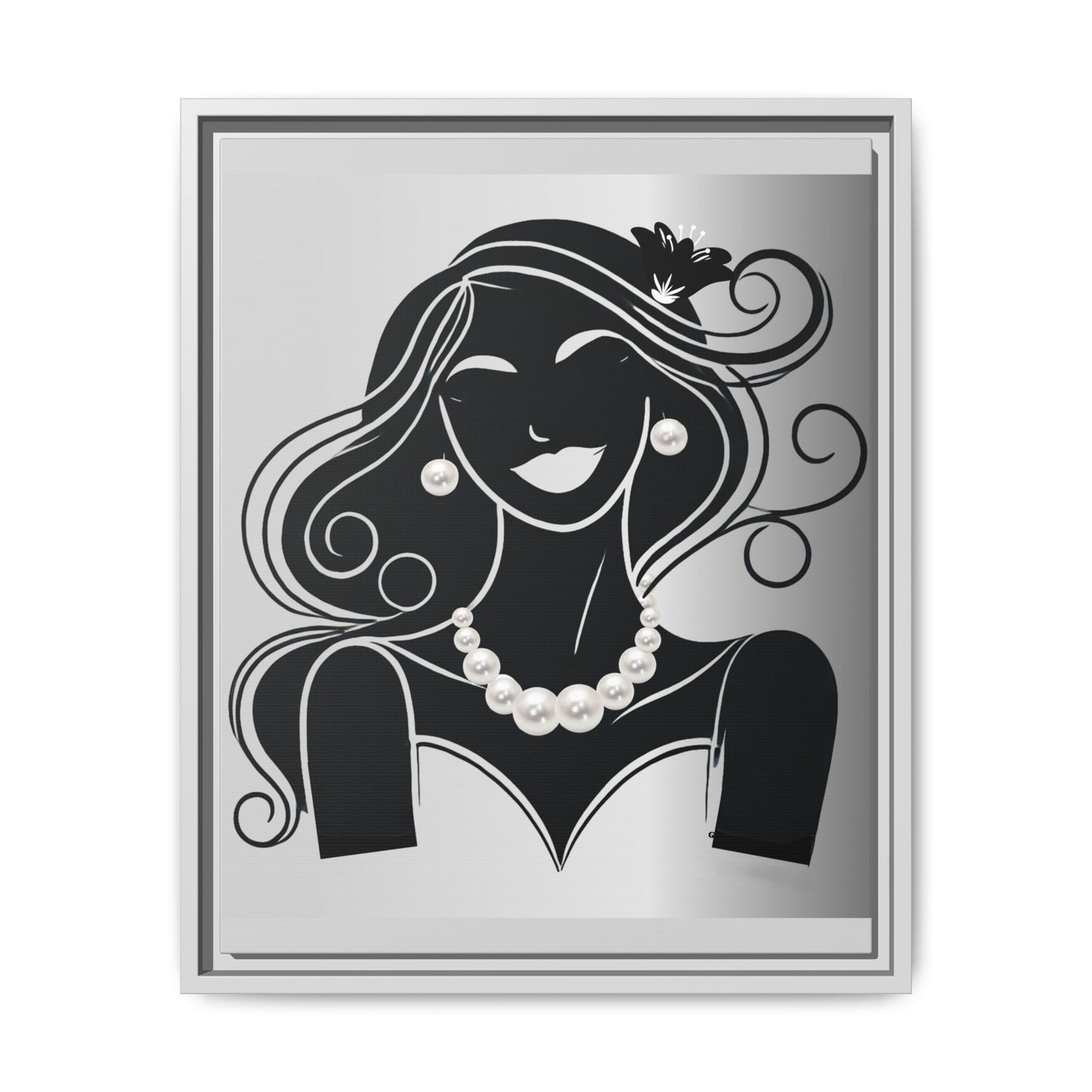 Pearls & Curls 1 | Black and White Framed Matte Canvas Wall Art