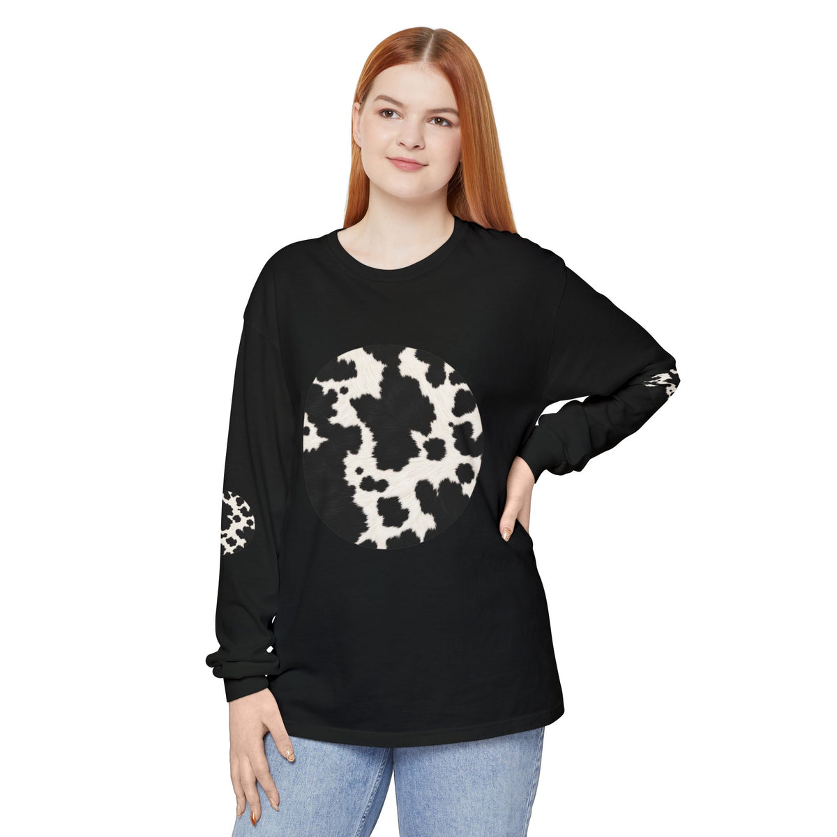 Cow | Black & White Cowhide Circle Patch Long Sleeve Tee (Elbow Accents)