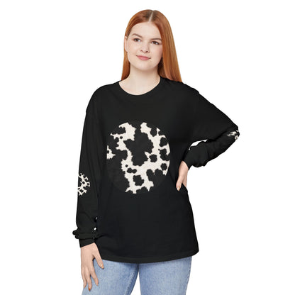 Cow | Black & White Cowhide Circle Patch Long Sleeve Tee (Elbow Accents)