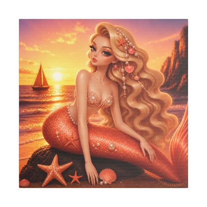 Sirens of the Gilded Sea | Golden Seaside, Satin Stretched Canvas Print