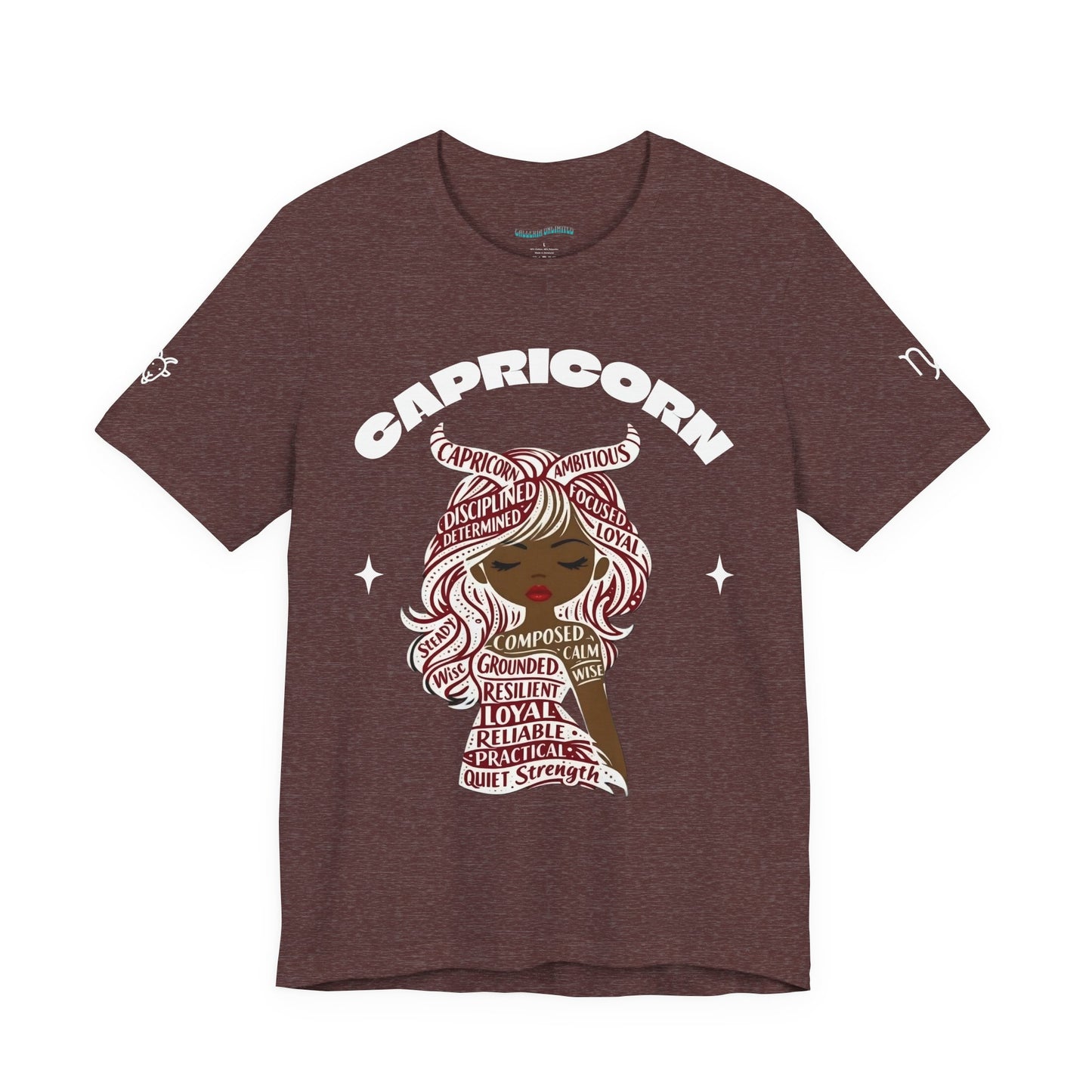 Capricorn | Word Art Graphic Tee (garnet) -- "Capricorn" Definition on Back