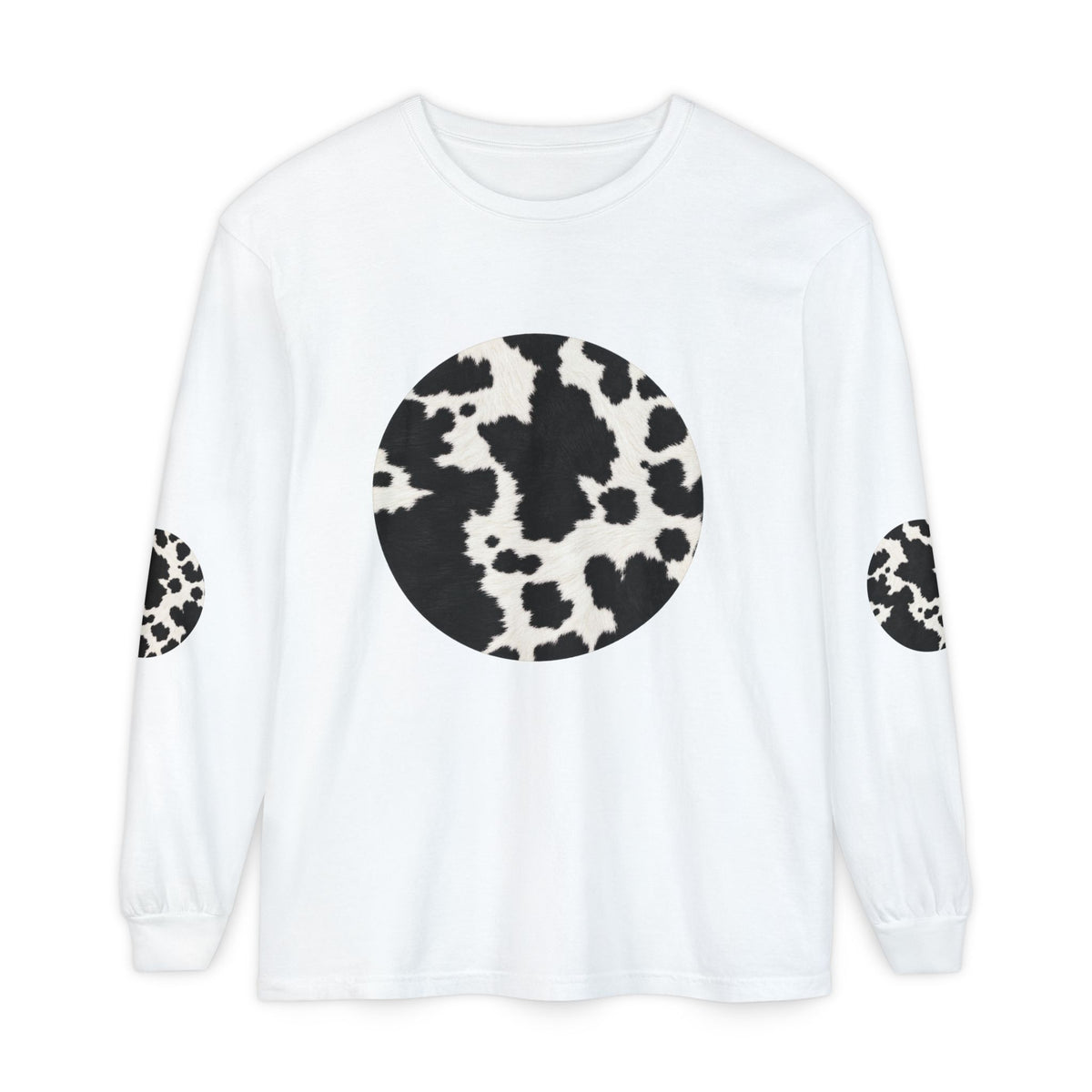 Cow | Black & White Cowhide Circle Patch Long Sleeve Tee (Elbow Accents)