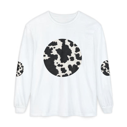 Cow | Black & White Cowhide Circle Patch Long Sleeve Tee (Elbow Accents)