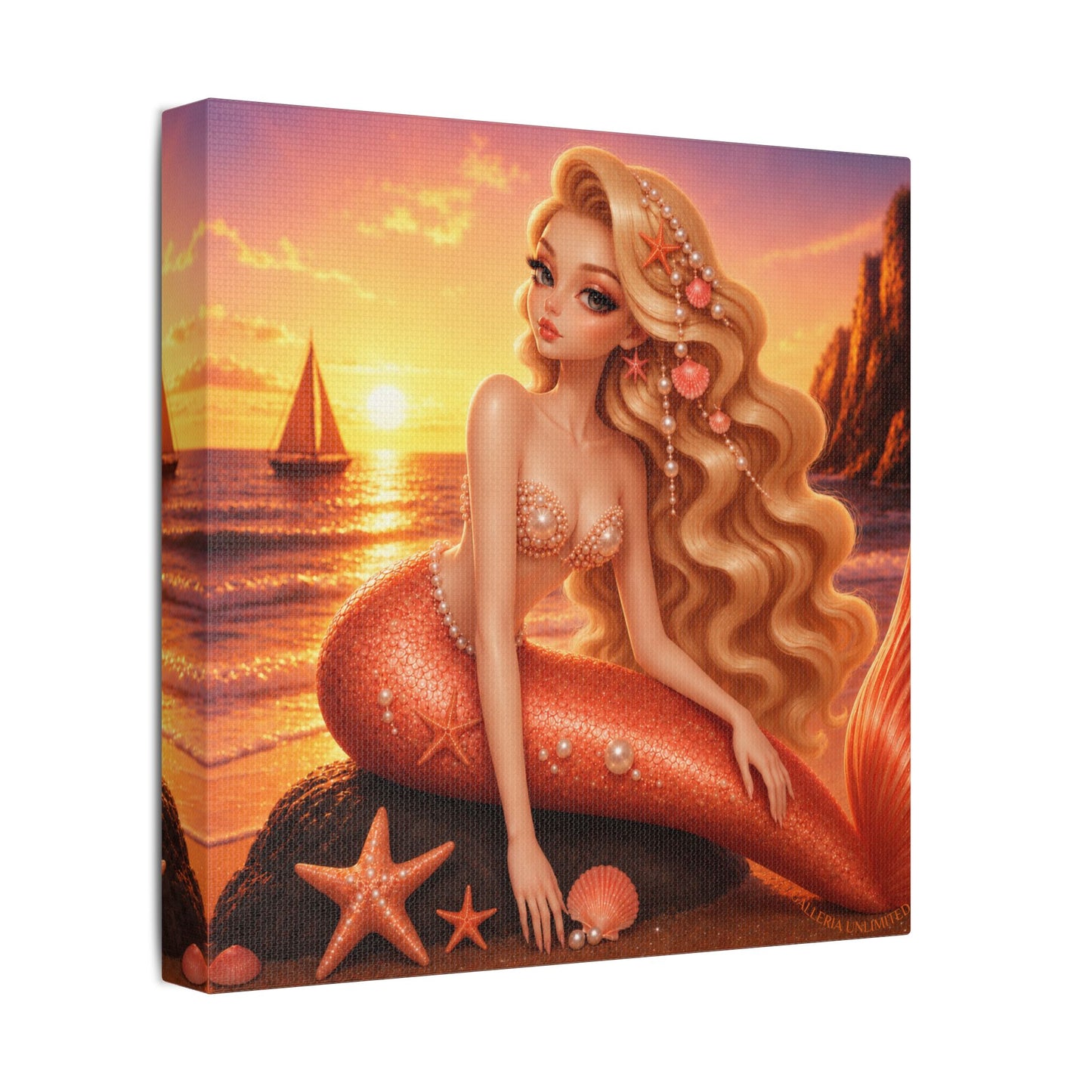 Sirens of the Gilded Sea | Golden Seaside, Satin Stretched Canvas Print