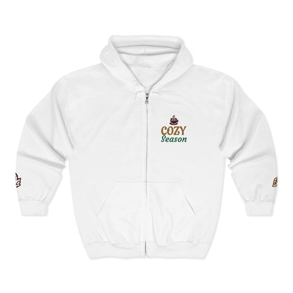 Harvest Haze | 'Cozy Season' Zip Hoodie — Autumn Coffee & Leaves Full-Zip Sweatshirt