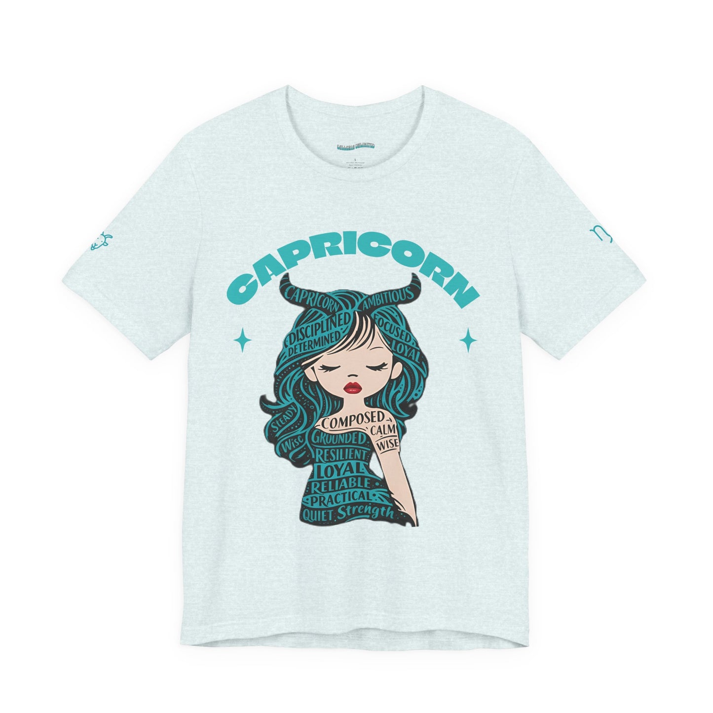 Capricorn | Word Art Graphic Tee2 (turquoise)--"Capricorn" Definition on Back