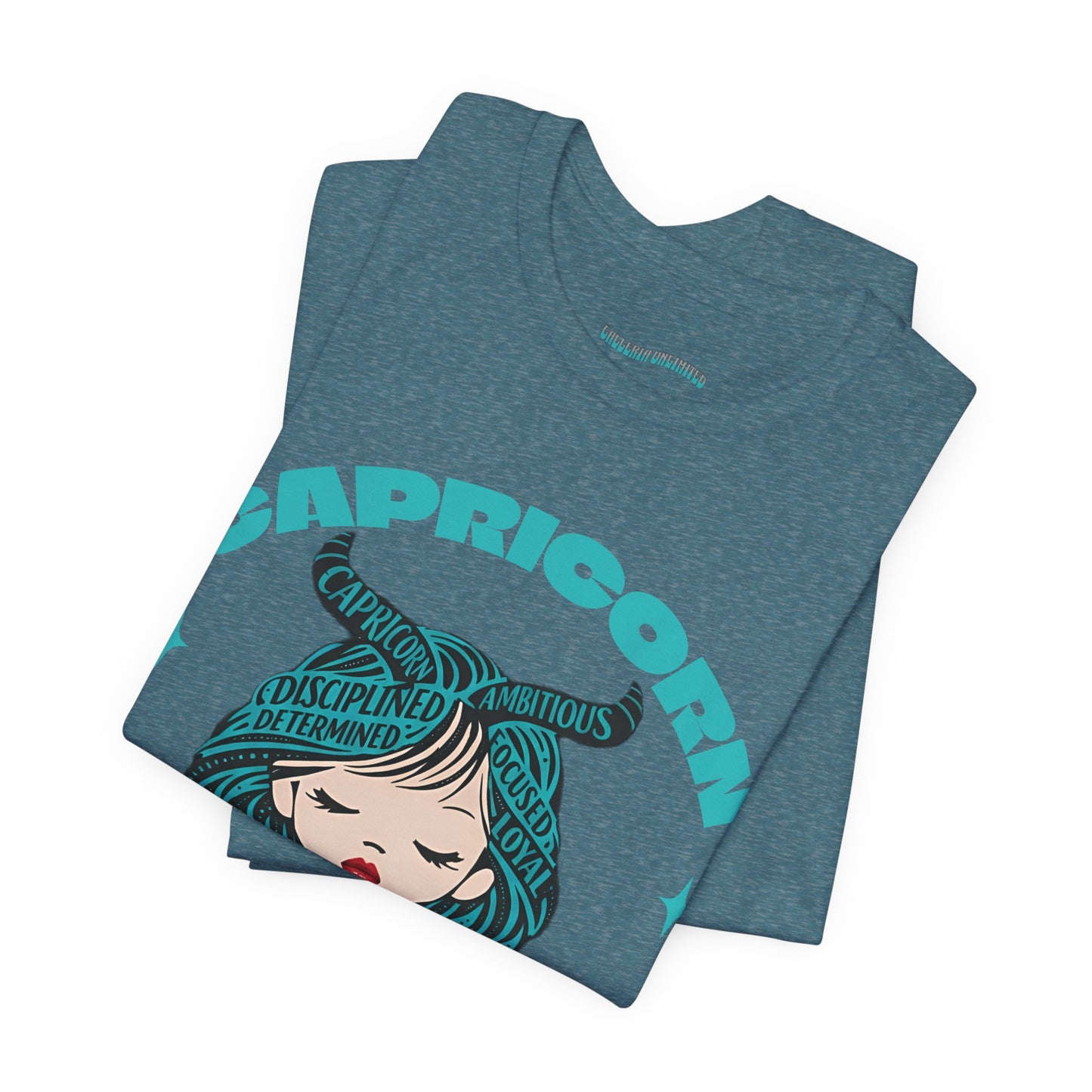 Capricorn | Word Art Graphic Tee2 (turquoise)--"Capricorn" Definition on Back