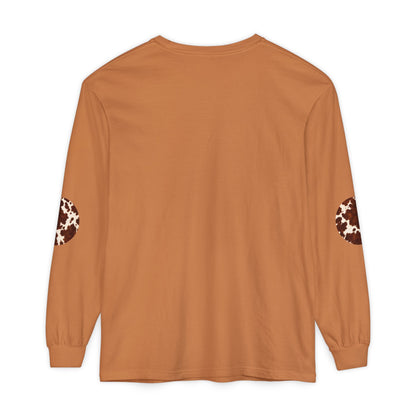 Cow| Brown & Cream Cowhide Circle Patch Long Sleeve Tee (Elbow Accents), multiple colors