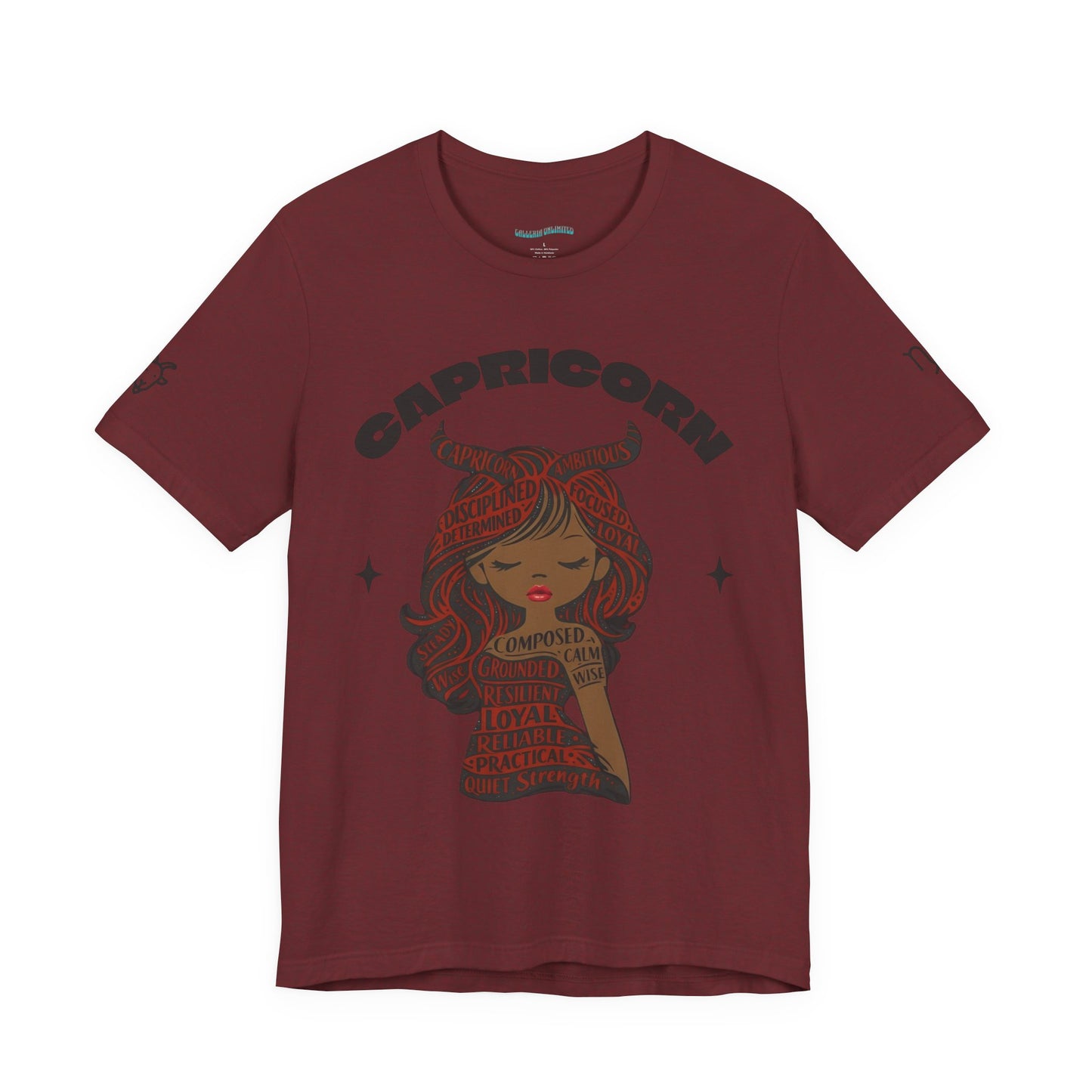 Capricorn | Word Art Graphic Tee (garnet) -- "Capricorn" Definition on Back