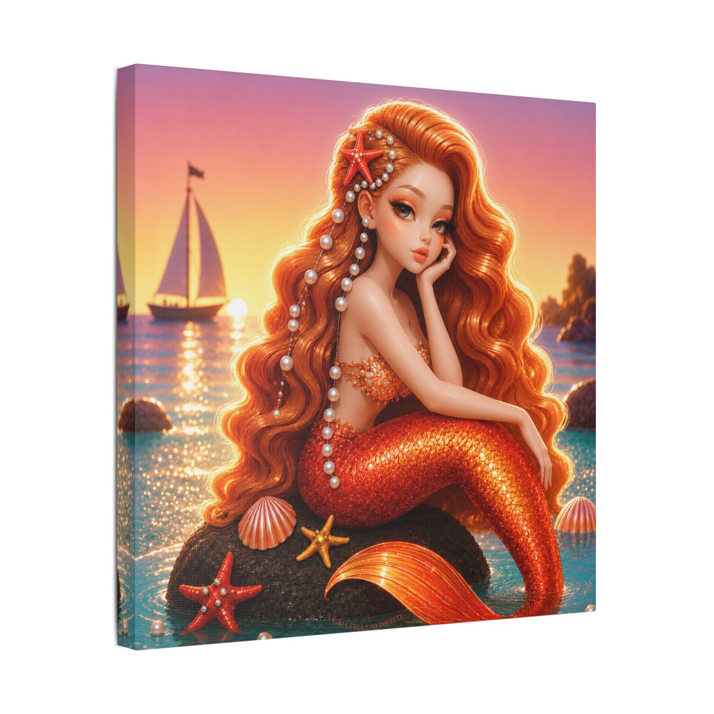 Sirens of the Gilded Sea | Pearl Tide, Satin Stretched Canvas Print