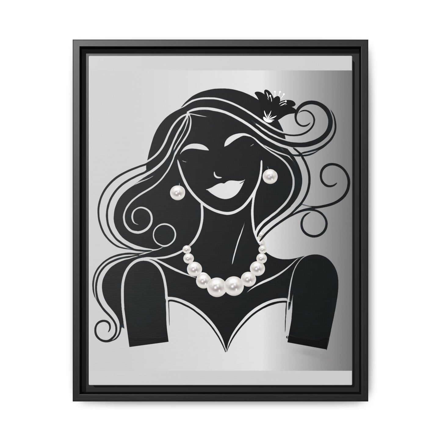 Pearls & Curls 1 | Black and White Framed Matte Canvas Wall Art
