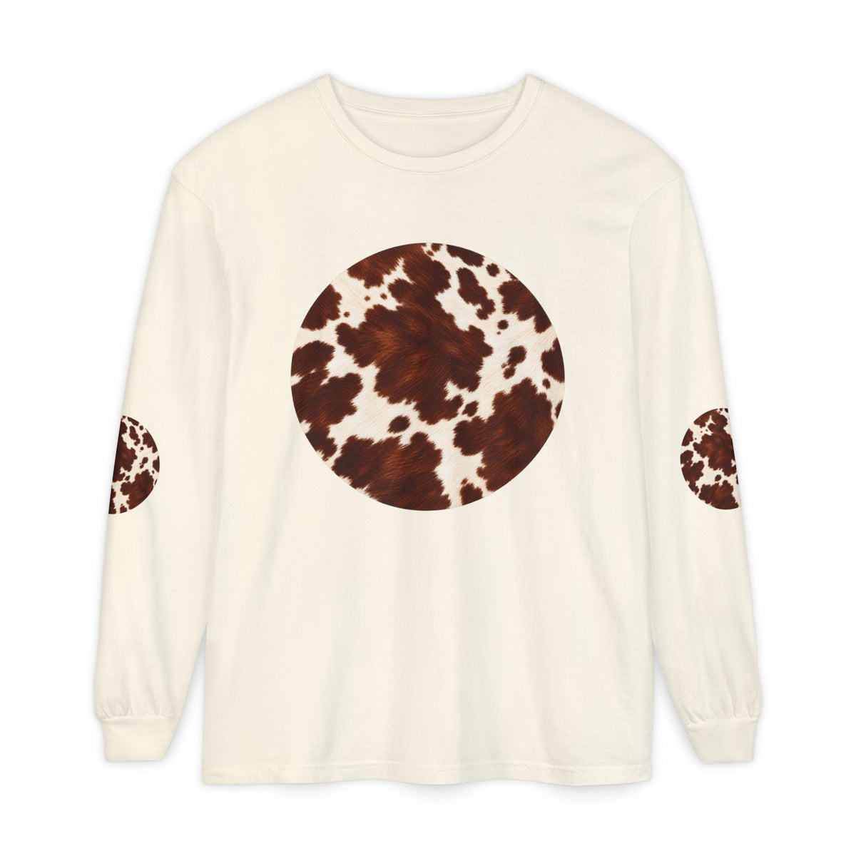 Cow| Brown & Cream Cowhide Circle Patch Long Sleeve Tee (Elbow Accents), multiple colors