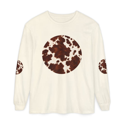 Cow| Brown & Cream Cowhide Circle Patch Long Sleeve Tee (Elbow Accents), multiple colors