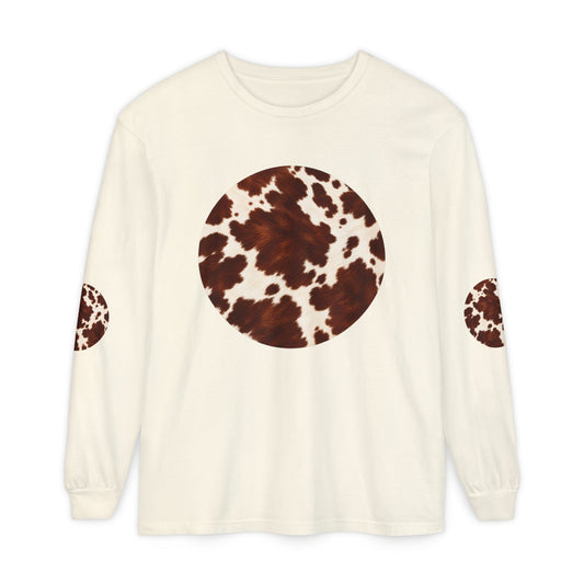 Cow| Brown & Cream Cowhide Circle Patch Long Sleeve Tee (Elbow Accents), multiple colors
