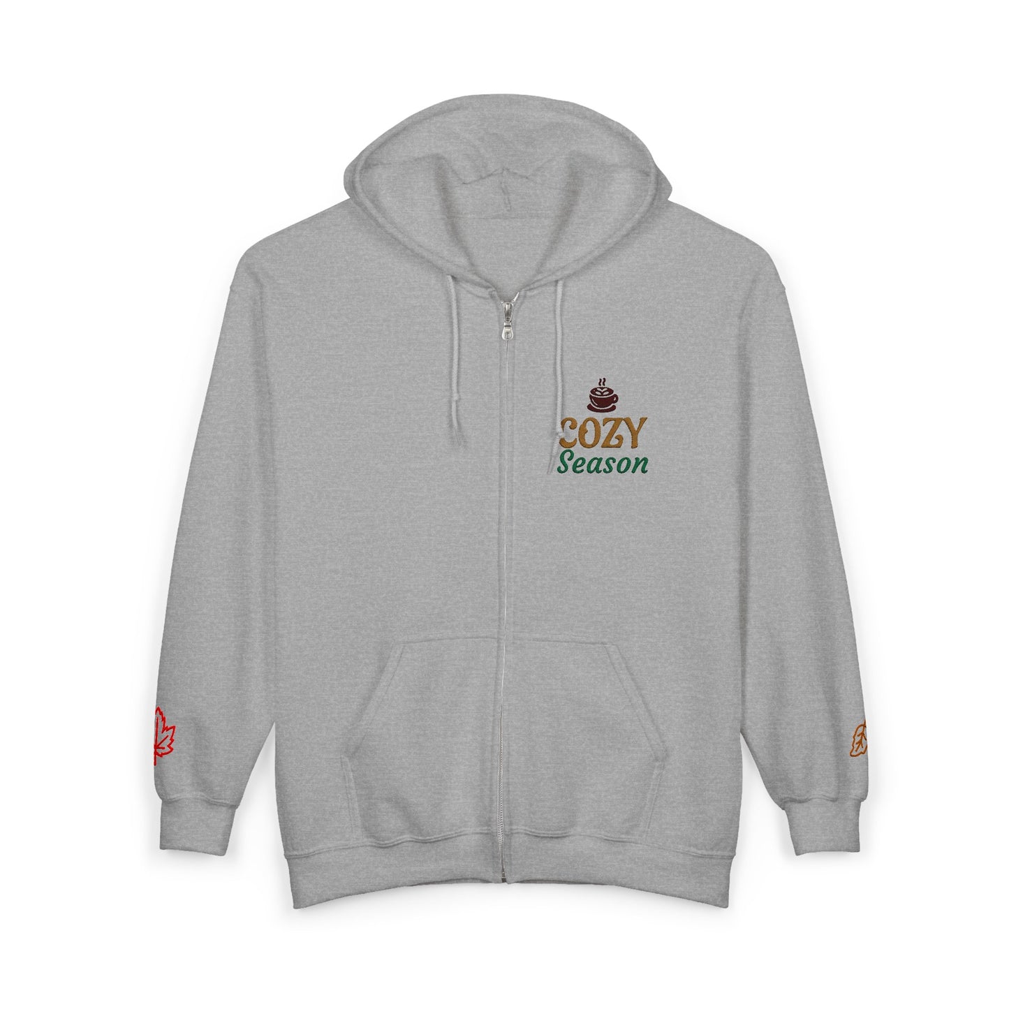 Harvest Haze | 'Cozy Season' Zip Hoodie — Autumn Coffee & Leaves Full-Zip Sweatshirt
