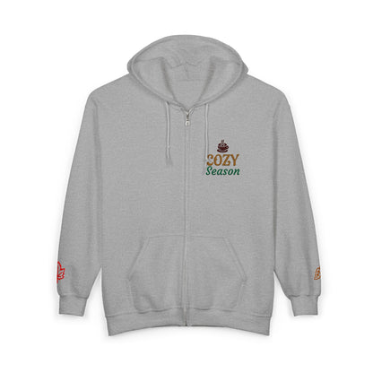 Harvest Haze | 'Cozy Season' Zip Hoodie — Autumn Coffee & Leaves Full-Zip Sweatshirt